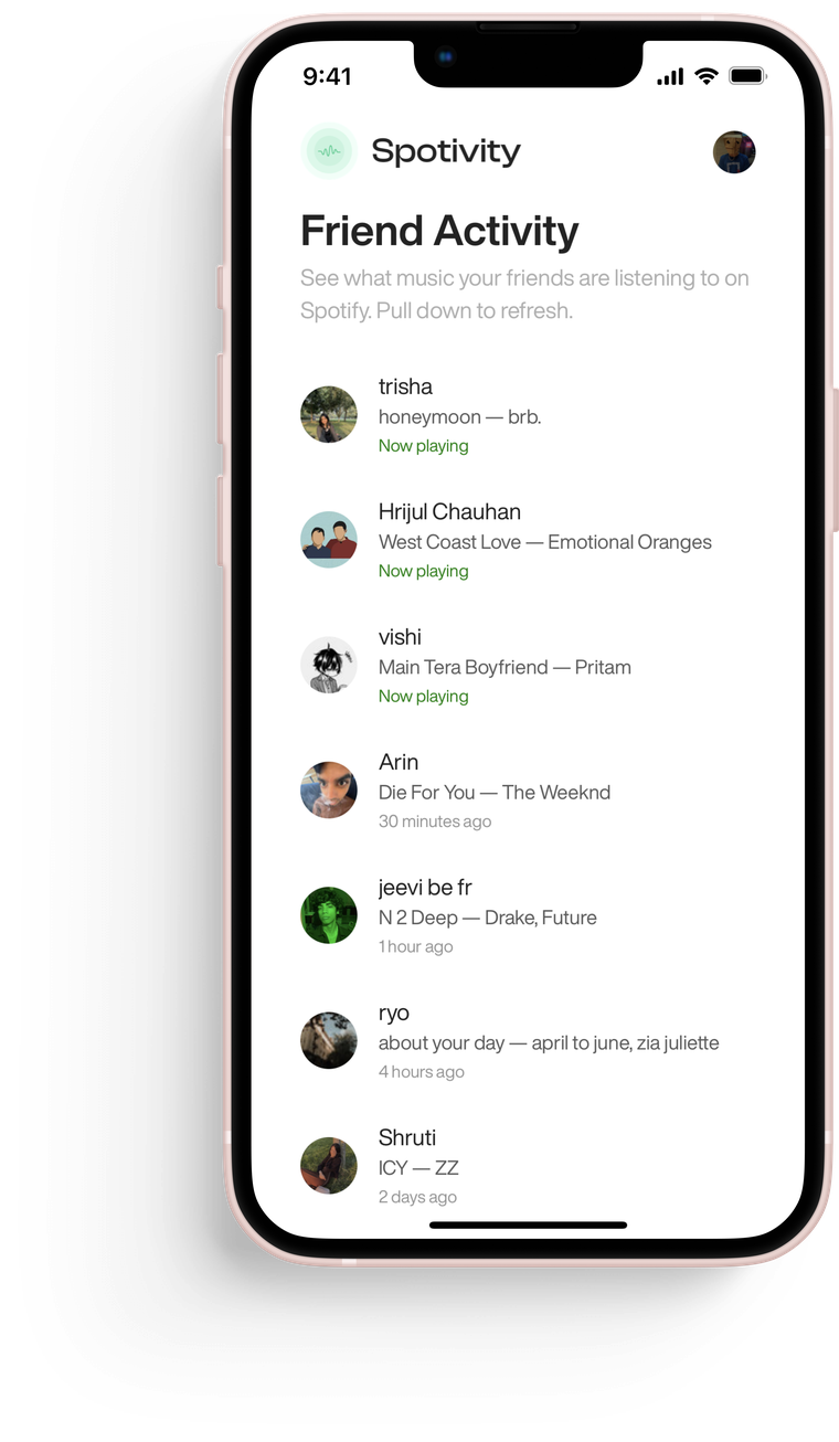 Spotivity on iOS showing a live feed of what friends are listening to